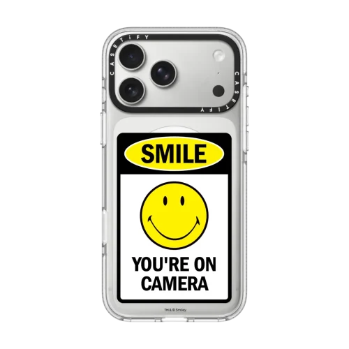 透明 SMILE! Caution You're On Camera Phone Case - White Print Edition