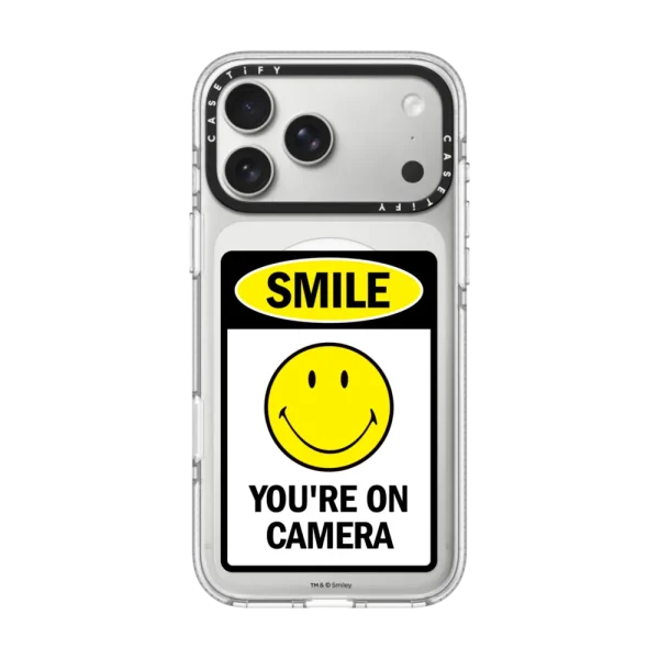 透明 SMILE! Caution You're On Camera Phone Case - White Print Edition