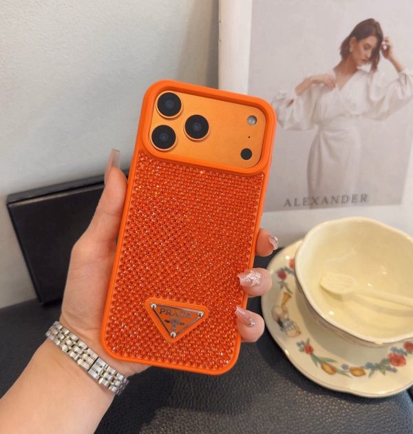 PRADA ストーン付きスマホケース ブラックホワイトオレンジ