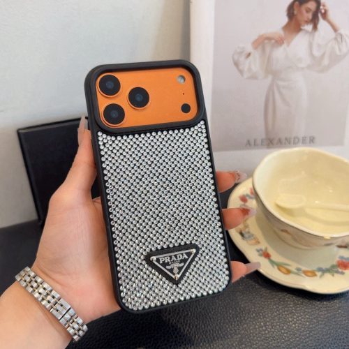 PRADA ストーン付きスマホケース ブラックホワイトオレンジ