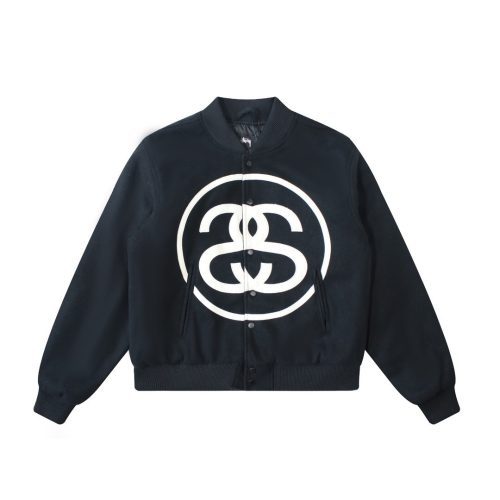 13434644596104259 Stussy ベースボールジャケット 刺繍パッチ ブラック×ホワイト