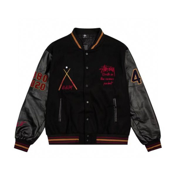 Stussy ベースボールジャケット 地球刺繍 ブラック