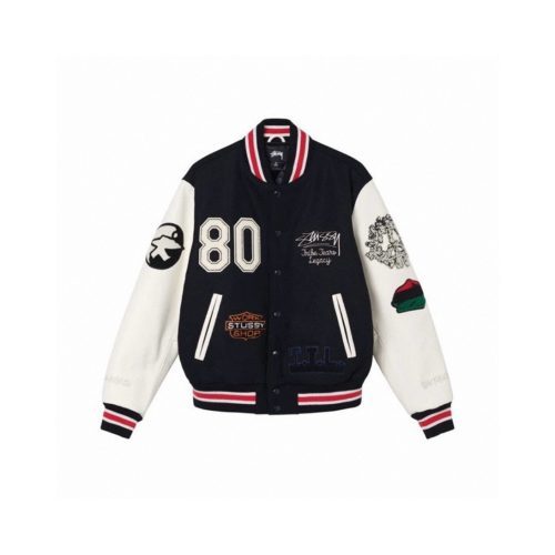 Stussy ベースボールジャケット カラフルパッチ ブラック