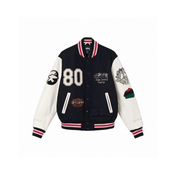 Stussy ベースボールジャケット カラフルパッチ ブラック