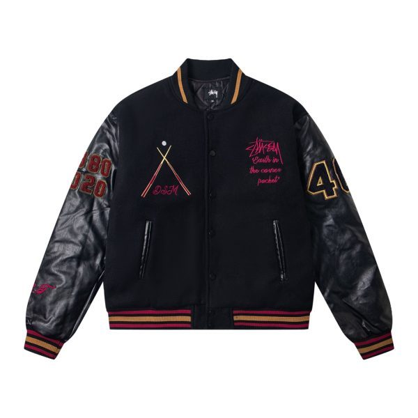 Stussy ベースボールジャケット 地球8ボール刺繍 ブラック