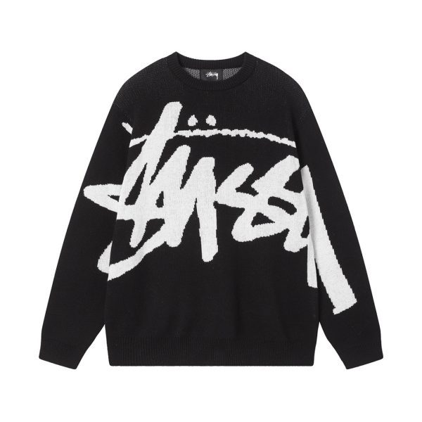 Stussy セーター ペイント柄 ブラック×ホワイト