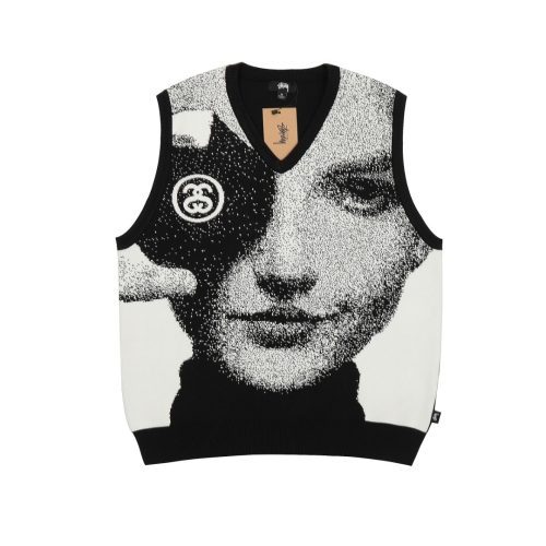 Stussy ニットベスト 人像プリント ブラック×ホワイト