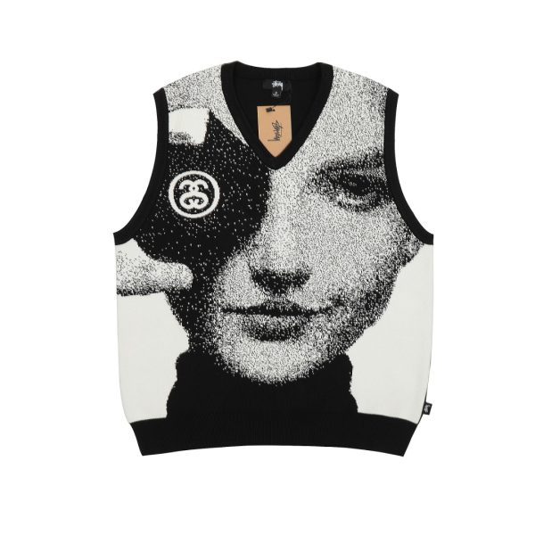 Stussy ニットベスト 人像プリント ブラック×ホワイト