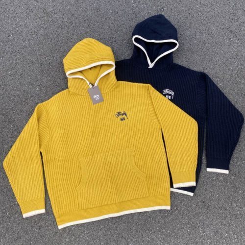 13434708598993242 Stussy ニットパーカー ワッフル編み イエロー×ネイビー