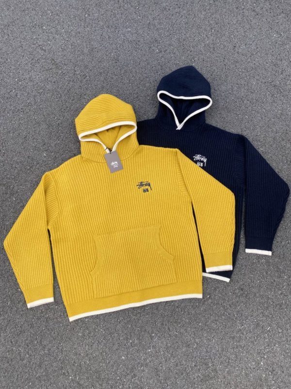 Stussy ニットパーカー ワッフル編み イエロー×ネイビー
