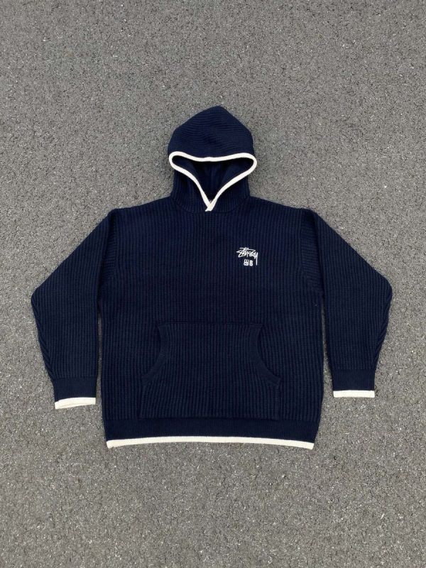 Stussy ニットパーカー ワッフル編み イエロー×ネイビー