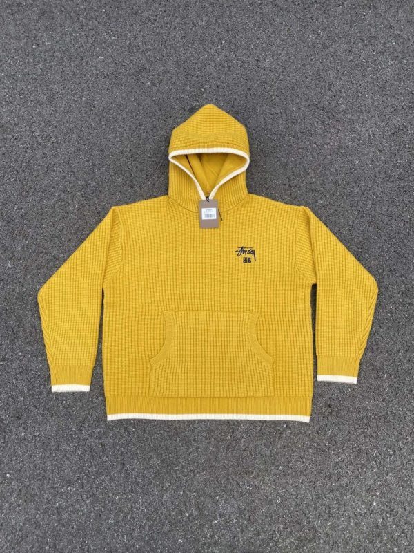 Stussy ニットパーカー ワッフル編み イエロー×ネイビー