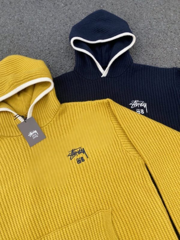 Stussy ニットパーカー ワッフル編み イエロー×ネイビー
