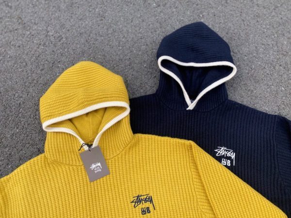 Stussy ニットパーカー ワッフル編み イエロー×ネイビー