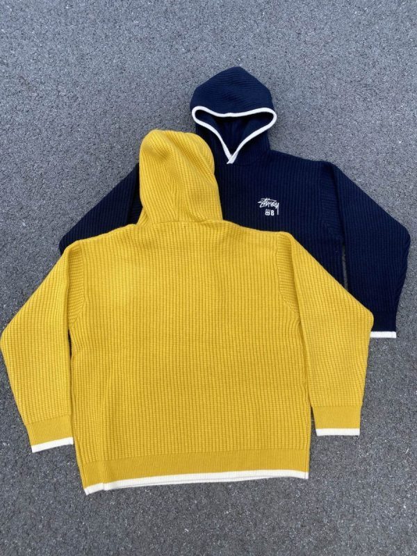 Stussy ニットパーカー ワッフル編み イエロー×ネイビー