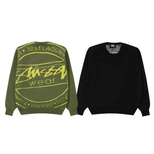 13434708768071839 Stussy ニットプルオーバー 背面ロゴプリント グリーン×ブラック